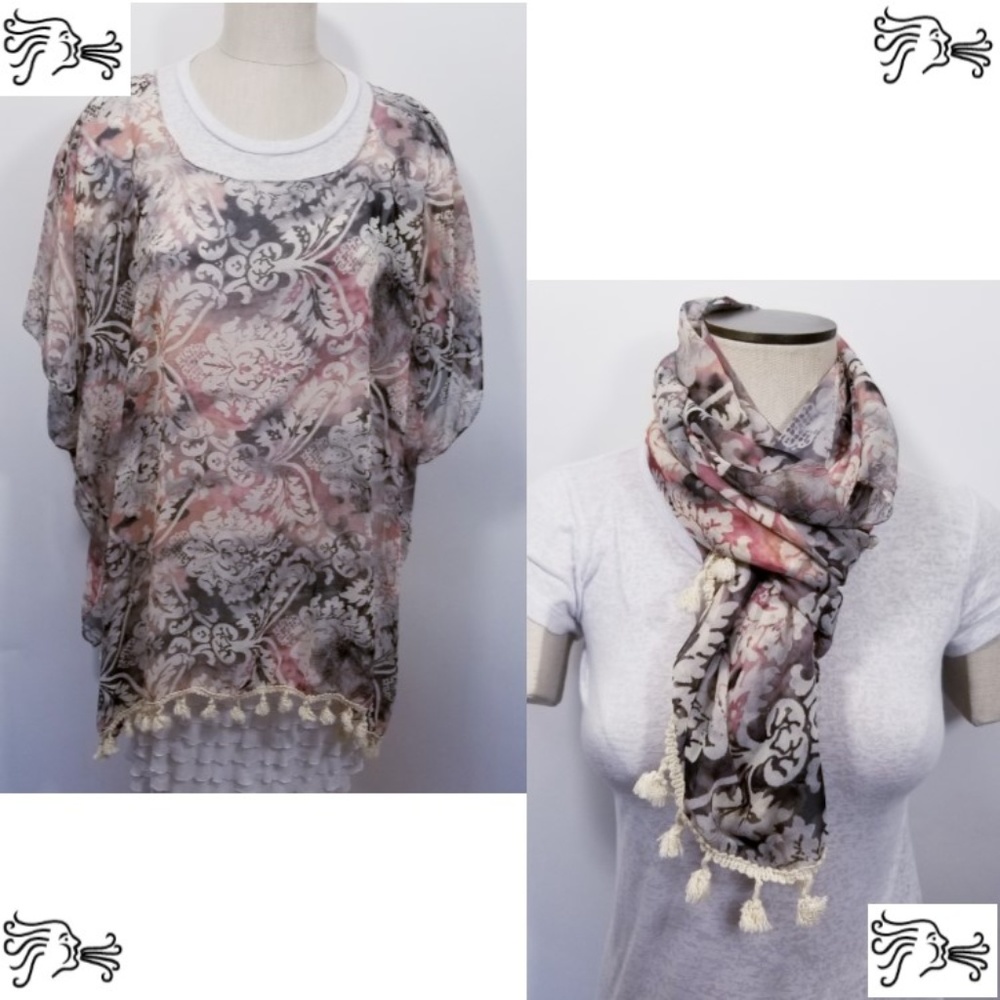 Gray Pink Paisley Ruana Wear Two Ways Scarf